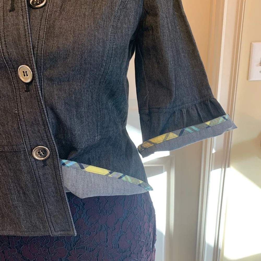 Sandro ruffled jean jacket with 3/4 length sleeve silver tone buttons size S - Picture 4 of 8